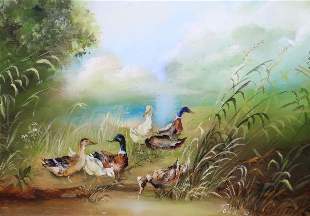Continental School, Mallard ducks by the waters edge, oil on board, 11 x 16cm, in decorative frame